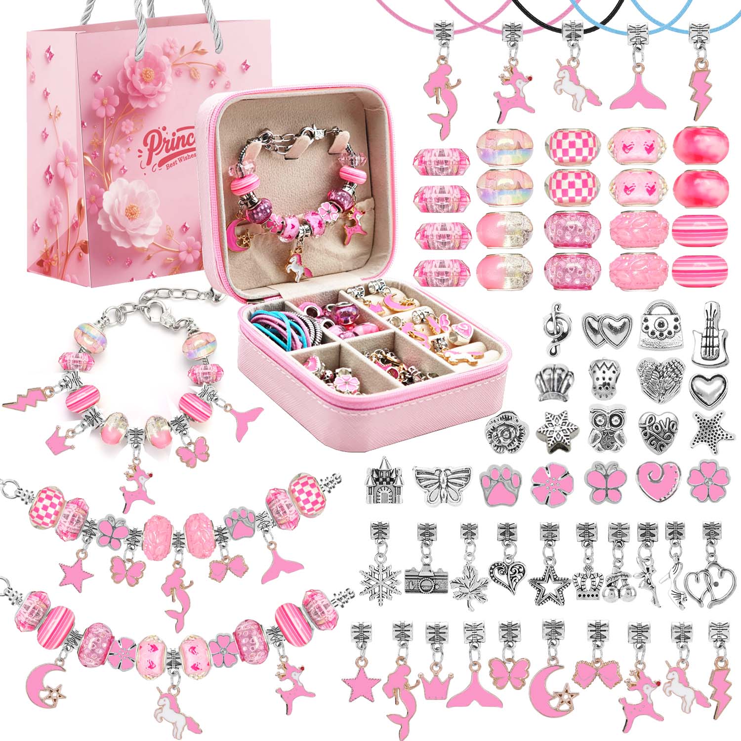Resin Art Jewellery - 68pcs pink beaded jewelry set, charm